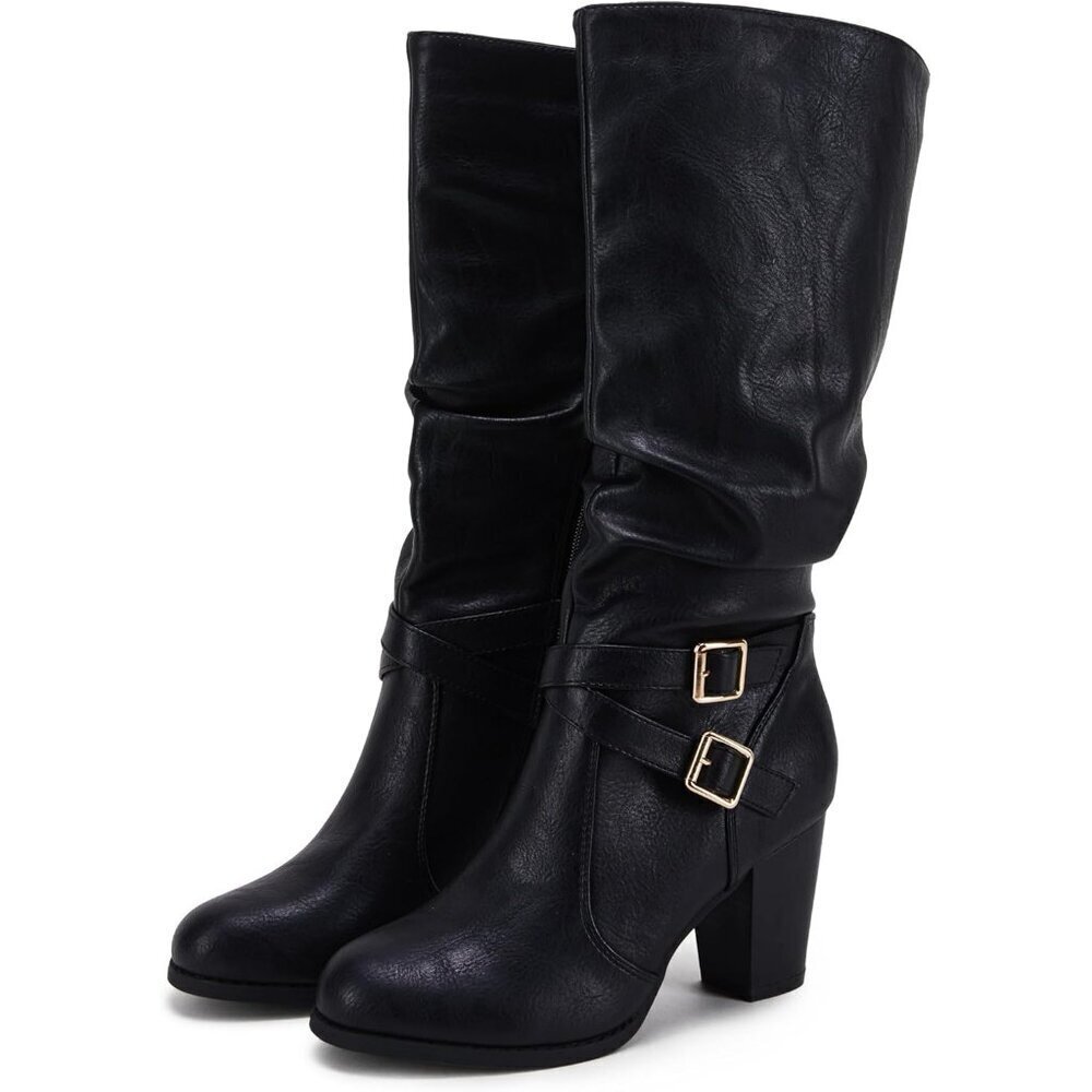 Women Black 1 Mid Knee High Boots Chunky Heel Slouchy Metal Buckle Winter Shoes